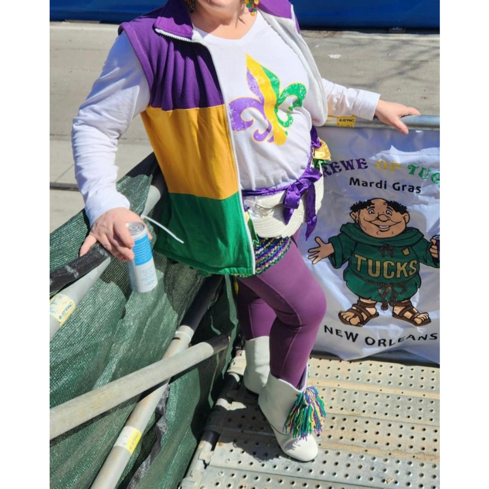Purple, Green and Gold Color Block Faux Fur Lined Mardi Gras Vest with Pockets - Picture 5 of 5